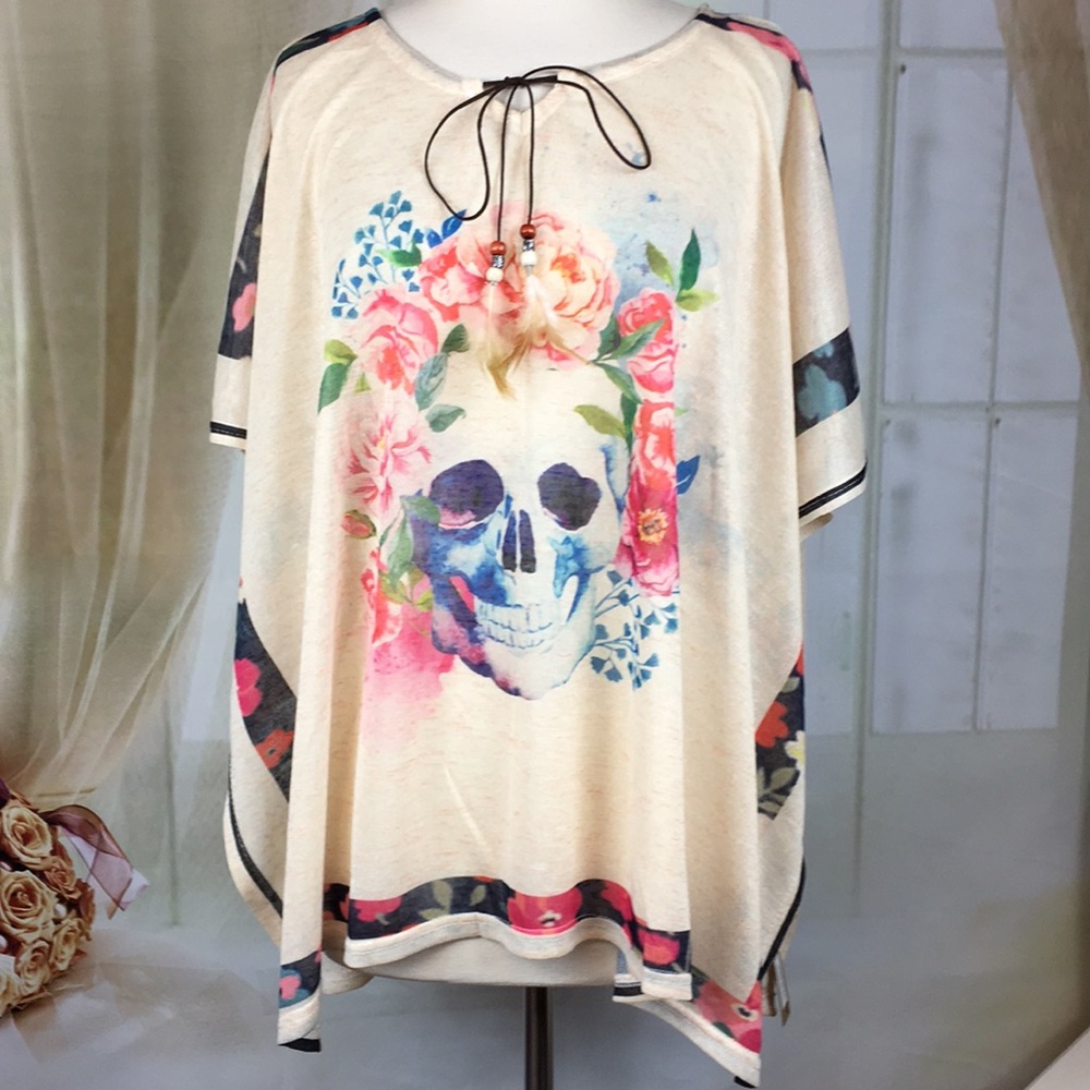 A&O Skull and Flower Semi Sheer Cover-up Top
